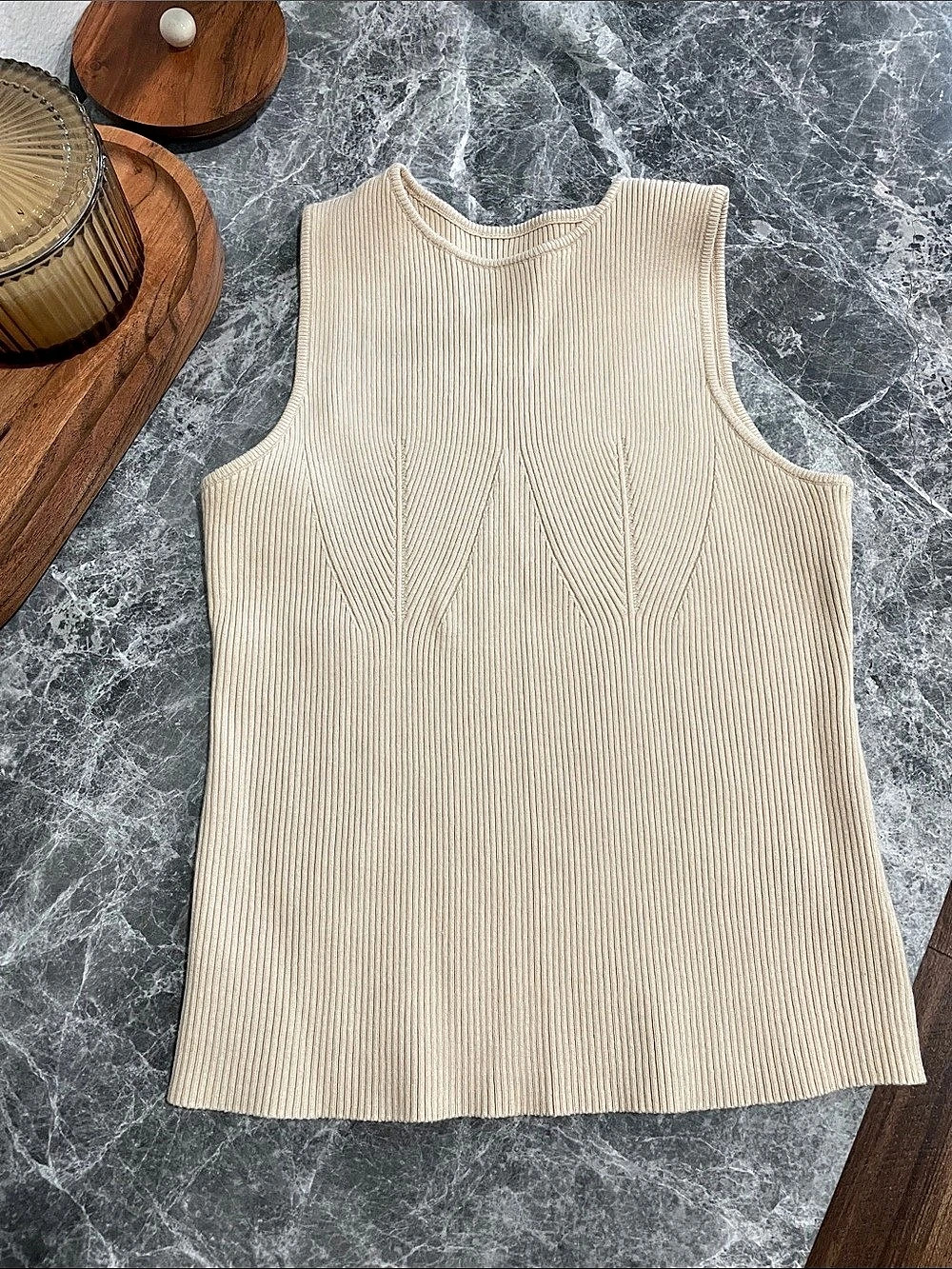 Commense Solid Basic Tank Top Ribbed Sleeveless Cream Large